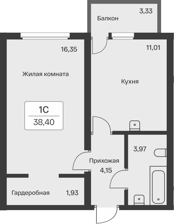 1-комнатная квартира 38.4 м², 2/12 эт., ЖК «Расцветай в Янино»
